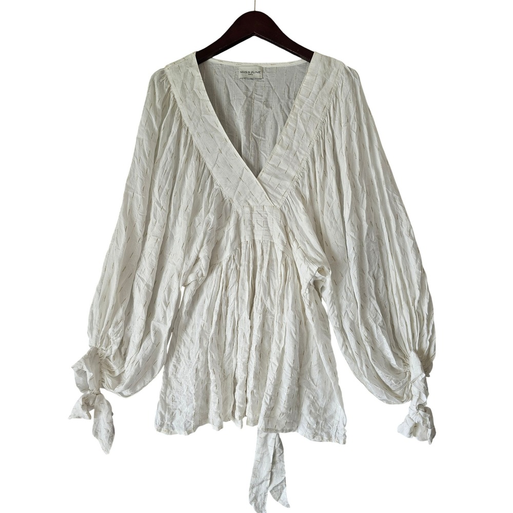 Miss June Paris White Gold Lurex Striped Balloon Sleeve V-Neck Mini Dress S/M